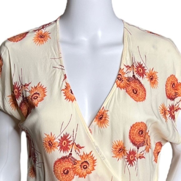 Madewell Shirt Womens Small Cream Orange Sash Tie Wrap Top Dutch Dandelion Print - Picture 4 of 10